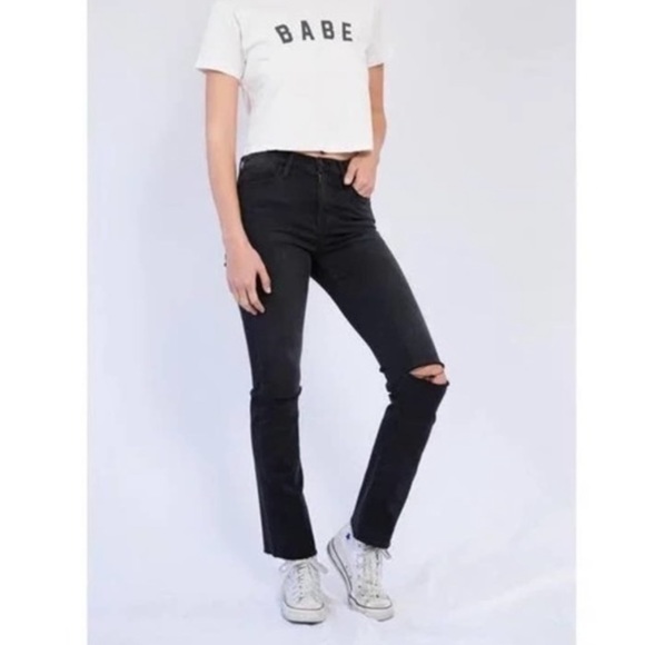 FRAME High Rise Le Nouveau Straight Leg Denim Distressed Black Raw Hem | 25 - Picture 2 of 11